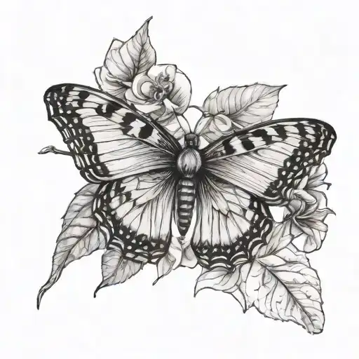 butterfly with cinnamon stick  as body, a nutmeg in one wing and Bougainvillea in the other wing  tattoo design idea