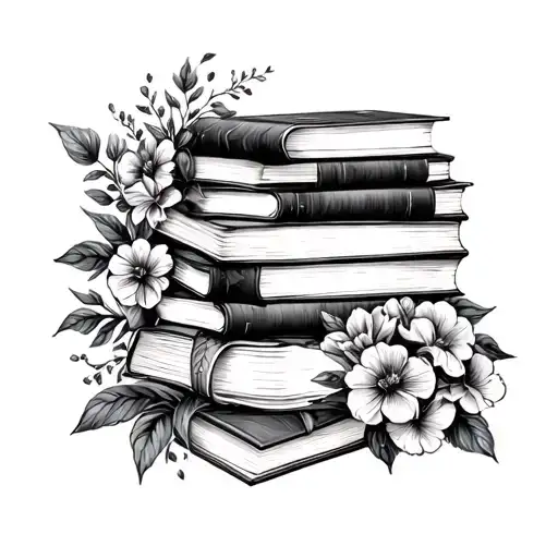 stack of books surrounded by florals tattoo design idea