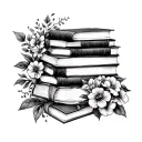 stack of books surrounded by florals tattoo design idea
