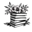 stack of books surrounded by florals tattoo design idea