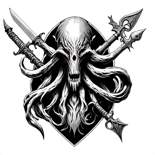 Dnd sleeve with mindflayer, beholder, weapons, and mimic incorporated tattoo design idea