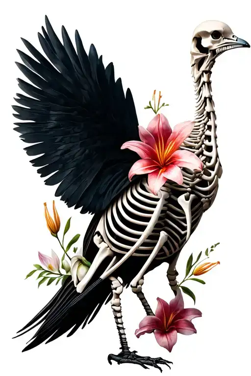 lilly flowers wrapped around dodo bird skeleton tattoo design idea