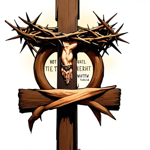 a cross forearm sleeve with the crown of thorns at the top. With the verse matthew 16:24 tattoo design idea