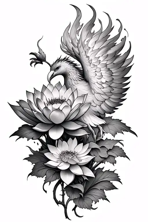 multiple Lotus flowers of different sizes intertwined and large enough to wrap around forearm. phoenix emerging on fire  tattoo design idea