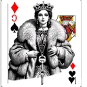 queen of hearts card, queen wearing a fur coat, key around her neck, lock hidden tattoo design idea