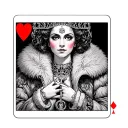 queen of hearts card, queen wearing a fur coat, key around her neck, lock hidden tattoo design idea
