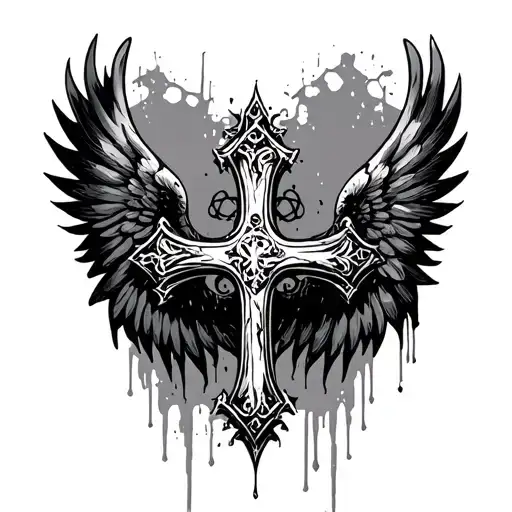 gothic cross with wings spread to be ornate and distressed tattoo design idea