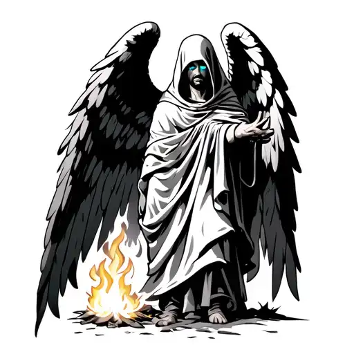 A man angel in a white cloak with a hood on the head from which only the eyes burning blue are visible, it takes off from the bonfire tattoo design idea