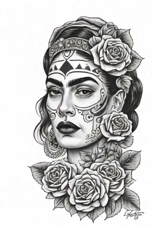 Frida Kahlo day of the dead woman with photo realistic roses  tattoo design idea