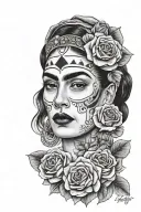 Frida Kahlo day of the dead woman with photo realistic roses  tattoo design idea