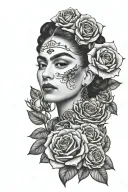 Frida Kahlo day of the dead woman with photo realistic roses  tattoo design idea