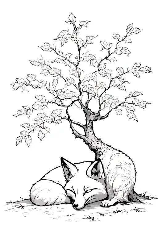 fox sleeping under an alder tree tattoo design idea