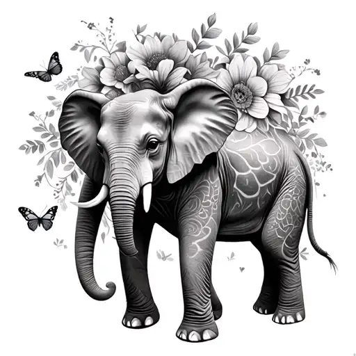 Elephant And Giraffe with butterflies and flowers  tattoo design idea