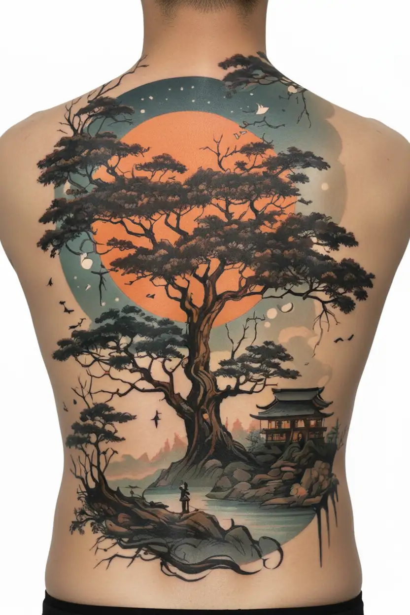 A dreamy landscape of moonlit trees and glowing fireflies, creating a mystical atmosphere in the forest tattoo design idea