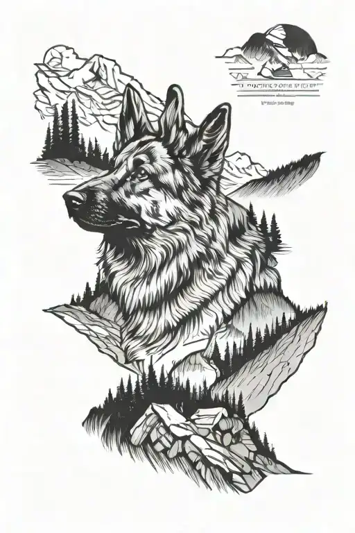 German shepherd service dog standing on mountain landscape with cabin tattoo design idea