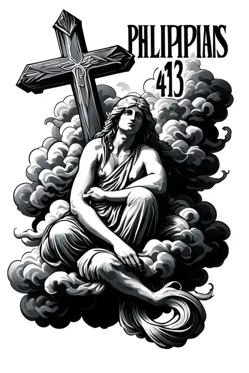 "Philippians 4:13 " cross sitting on a cloud tattoo design idea