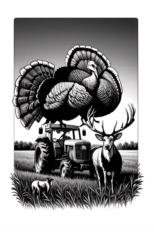 Farm scene John Deere tractor wild turkey and deer in field tattoo design idea