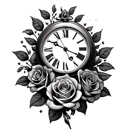 clock and roses tattoo design idea
