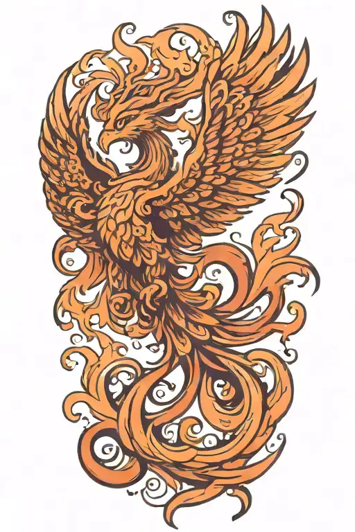 asymetrical phoenix with no background rising triumphantly with flames swirling from the wing tips  tattoo design idea