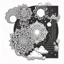 Japanese cherry mandala ancient Egypt Paris wave cosmic cloud stars planet moon tattoo design idea