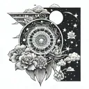 Japanese cherry mandala ancient Egypt Paris wave cosmic cloud stars planet moon tattoo design idea