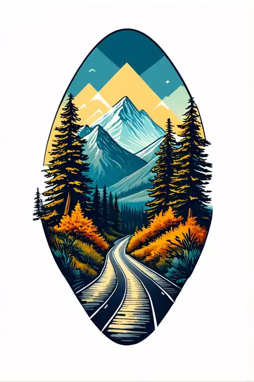 "Courage" Winding Road and pine trees into mountains  tattoo design idea