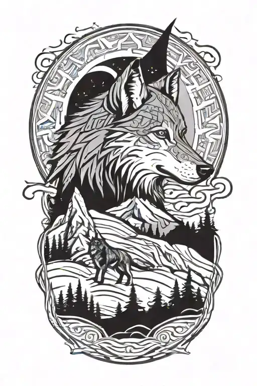 wolf howling at moon with axes in the mountains  tattoo design idea
