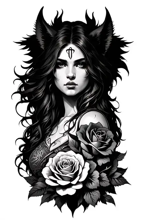 Fenrir female with a viking , Roses and runes engraved tattoo design idea