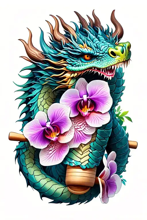 Dragon wrapped around a rolling pin with orchids intertwined tattoo design idea