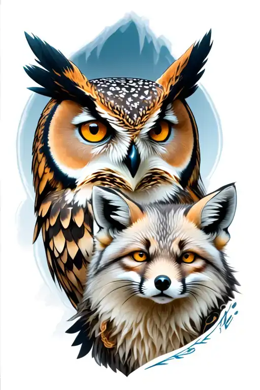 Men's tattoo with owl Harfang, snow panther, Arctic and ermine fox with Flocons fleece star tattoo design idea