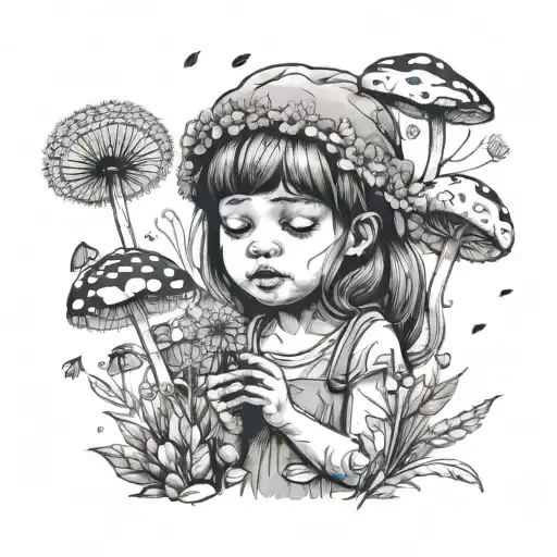 The little girl blowing on a dandelion making a wish surrounded by flowers and mushrooms  tattoo design idea