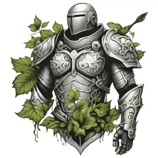 full sleeve and half chest piece. warrior/suit of armour. must include an ivy vine and a hummingbird. subtle colour. Mus tattoo design idea