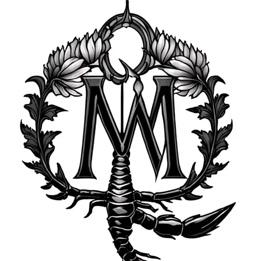 A finely detailed tattoo illustration of a Scorpio symbol ♏︎ with the 'M' featuring an intact tail. A chrysanthemum eleg tattoo design idea