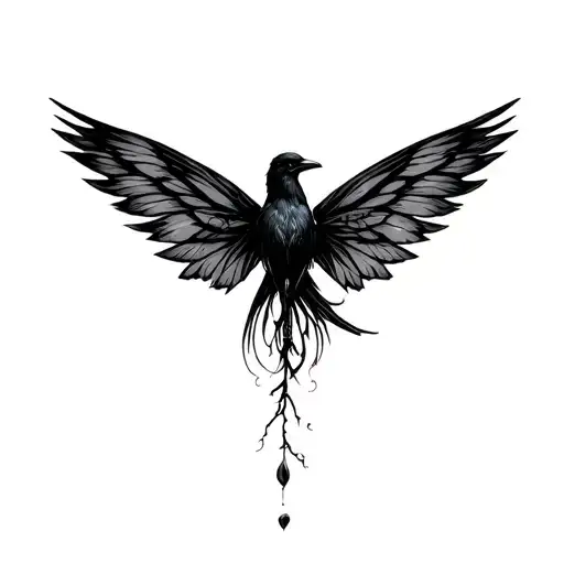 1 black crow earthy feminine fairy wings in tree tattoo design idea