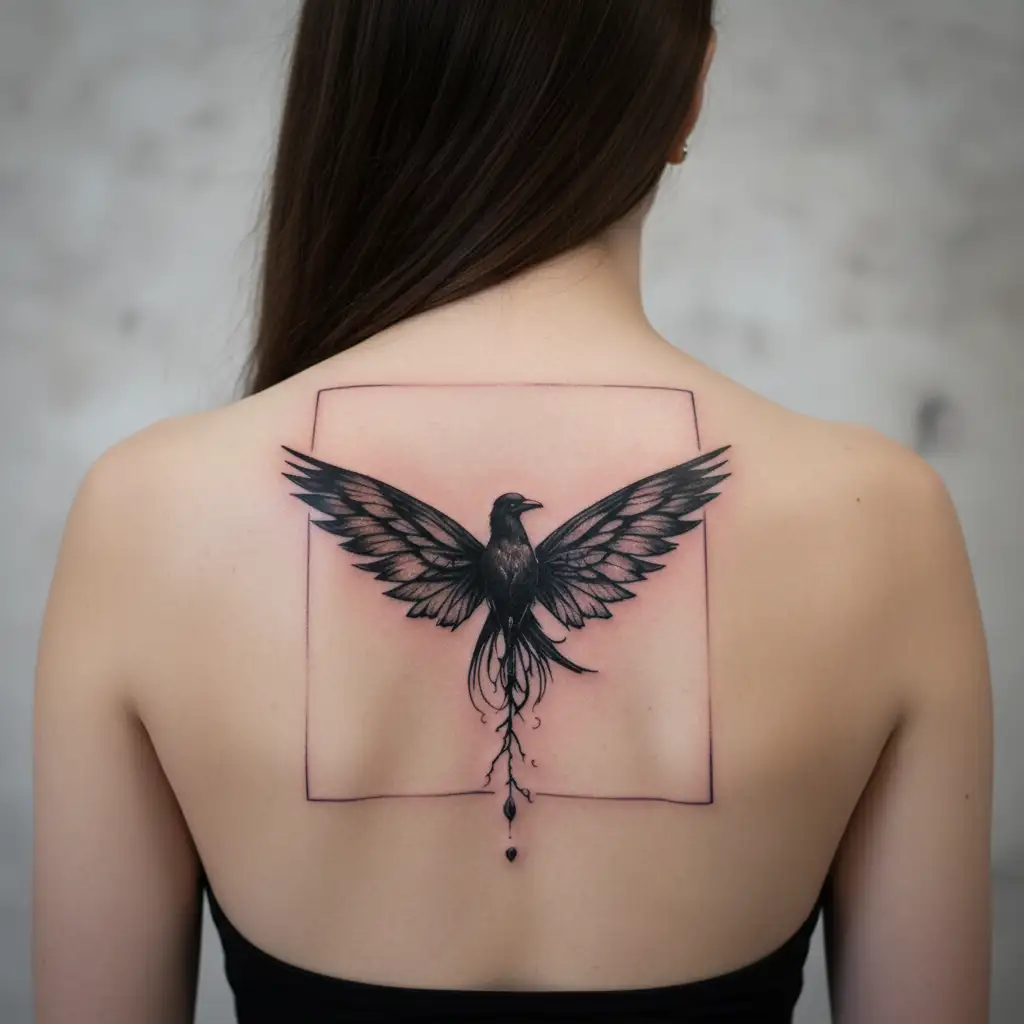 1 black crow earthy feminine fairy wings in tree tattoo design idea