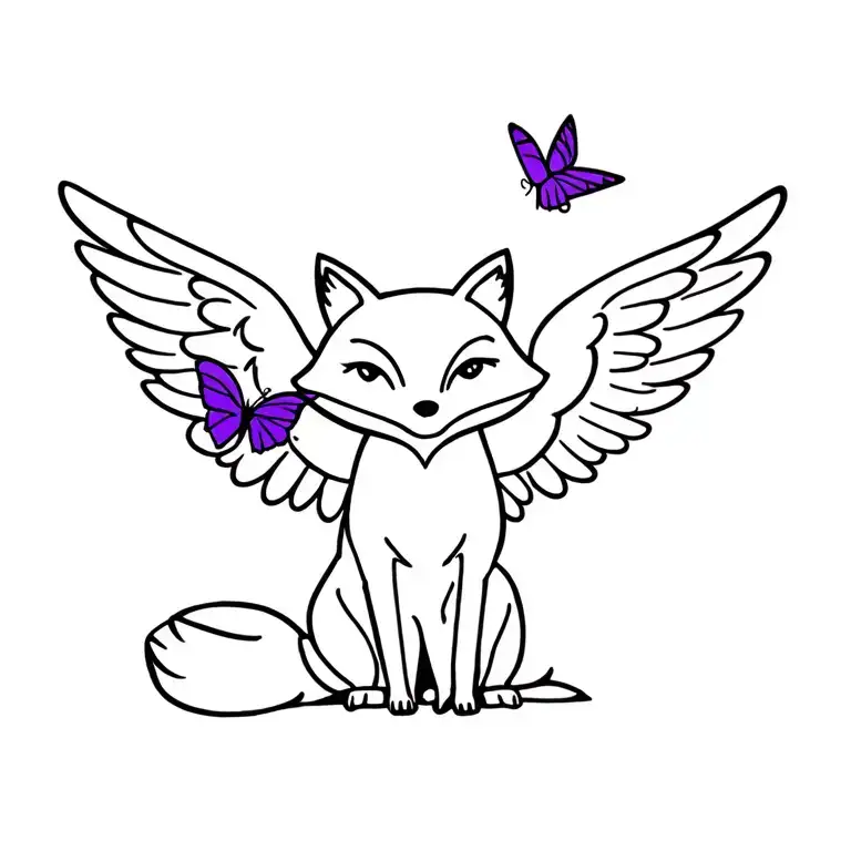 small fox sitting with angel wings on fox with purple butterfly  tattoo design idea