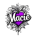 Write the name Macie on its own in a fancy font with a singular purple heart at the end of the name tattoo design idea