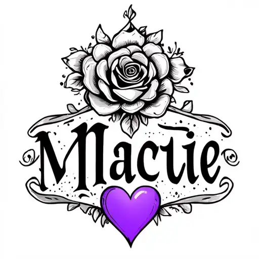 Write the name Macie on its own in a fancy font with a singular purple heart at the end of the name tattoo design idea