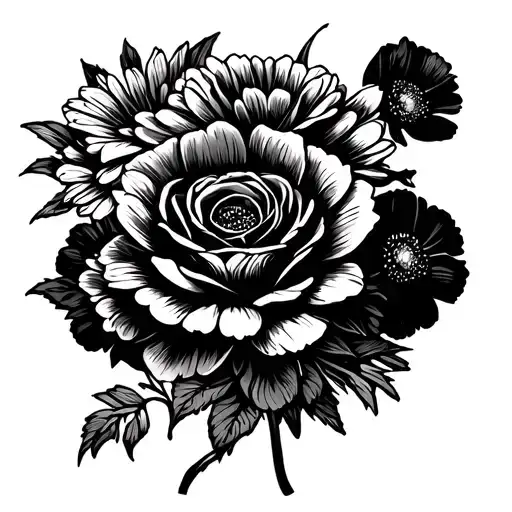 Tattoo stencil of Chrysanthemums, carnations roses, Marigold  delphinium and daisies an poppy flowers tattoo design idea