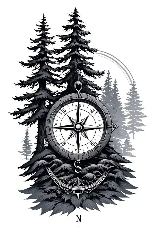trees and compass tattoo design idea
