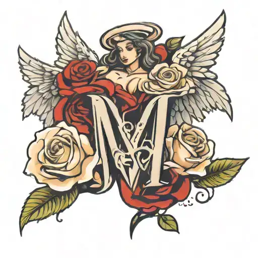 Roses Angel with Wings Letter M tattoo design idea