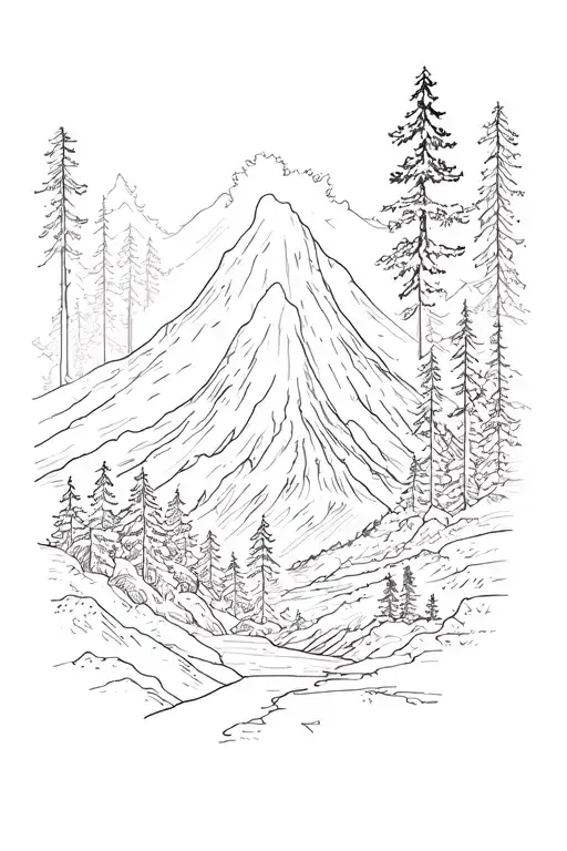  volcano and forest landscape tattoo design idea