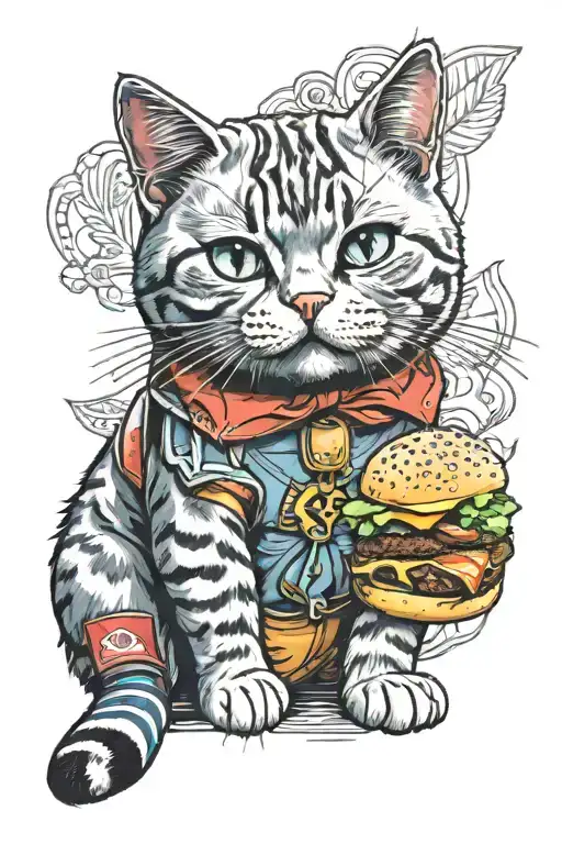 Cute British Shorthair Short footed Blue Cat, McDonald's Burger, Miami Gloves in CSGO, Diamond, Sun tattoo design idea