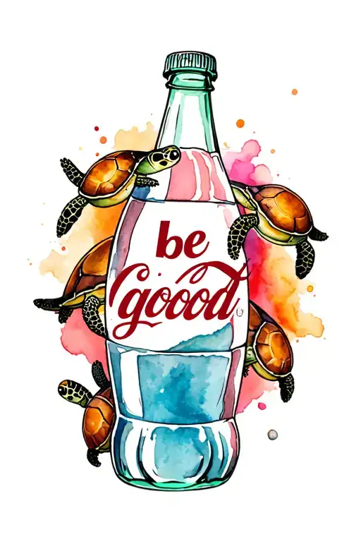 Using the words "be good" create a diet coke bottle pouring out turtles tattoo design idea