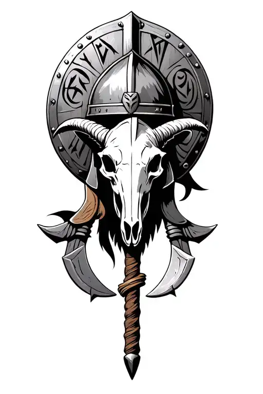 "Viking helmet with visor, crossed Viking axes, a round shield with ornamental decorations, a goat skull, runes, drinkin tattoo design idea
