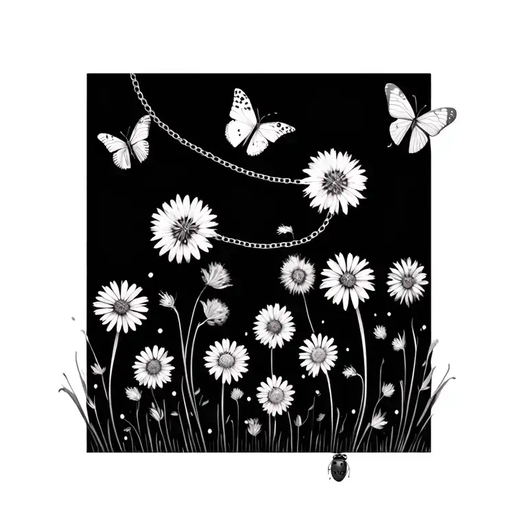 daisy chain with trail, dandelion, butterfly, ladybird. initials on the daisy's wrapped around wrist tattoo design idea