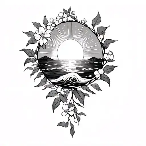 very very fine line no black spac sun casting rays onto a delicate vine with flowers with ocean waves and euopean vibes  tattoo design idea