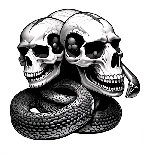 snake with 3 skull heads facing each other tattoo design idea