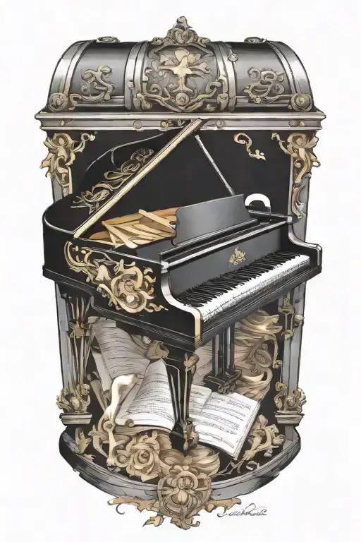 grand piano in a treasure chest  tattoo design idea