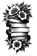 a stack of closed books with flowers being the focal piece growing through and around the books tattoo design idea